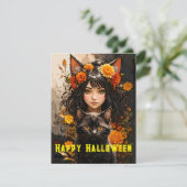 Kat Meisje en Zwarte Kat Halloween Feestdagenkaart (Staand voorkant)