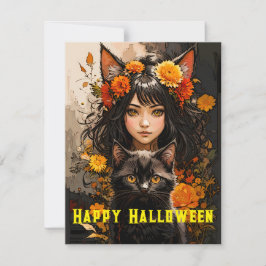Kat Meisje en Zwarte Kat Halloween Feestdagenkaart