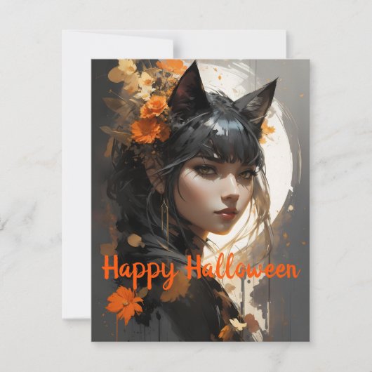 Kat Meisje Halloween Wishes Notitiekaartje (Voorkant)
