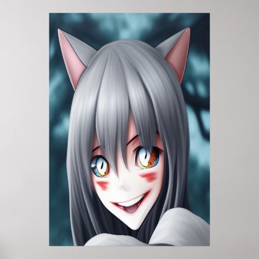 Kat-meisje met luie anime | AI Art Poster (Voorkant)