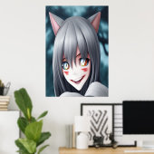 Kat-meisje met luie anime | AI Art Poster (Thuiskantoor)