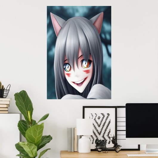Kat-meisje met luie anime | AI Art Poster (Thuiskantoor)