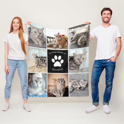 Kat Memorial Custom Pet Photo Collage Paw Print Fleece Deken (In situ)