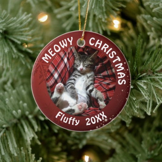Kat MEOWY CHRISTMAS 2-fotorood Keramisch Ornament (Boom)