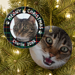 Kat MEOWY CHRISTMAS, met 2 bits, kersttang Keramisch Ornament