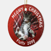 Kat "Meowy Kerstmis", 2-zijdig rood met foto's Keramisch Ornament (Links)