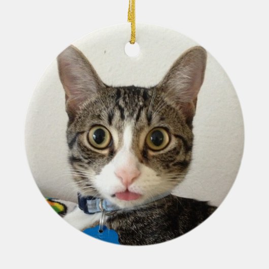 Kat "Meowy Kerstmis", 2-zijdig rood met foto's Keramisch Ornament (Achterkant)