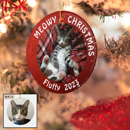 Kat "Meowy Kerstmis", 2-zijdig rood met foto's Keramisch Ornament