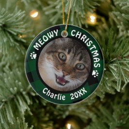 Kat "Meowy Kerstmis" met 2 knoppen, groen gepoetst Keramisch Ornament