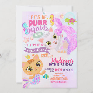 Kat Mermaid Purrmaids Birthday Uitnodiging