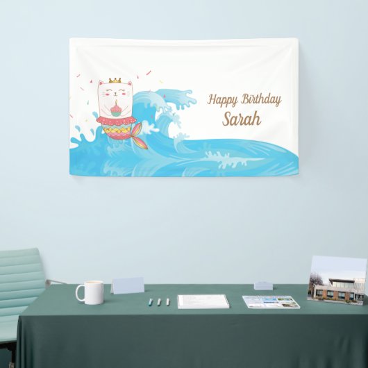 Kat mermaid verjaardagsbanner spandoek (Beurs)
