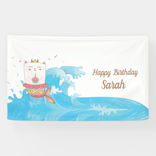 Kat mermaid verjaardagsbanner spandoek (Horizontaal)