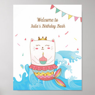 Kat mermaid-verjaardagsfeest poster