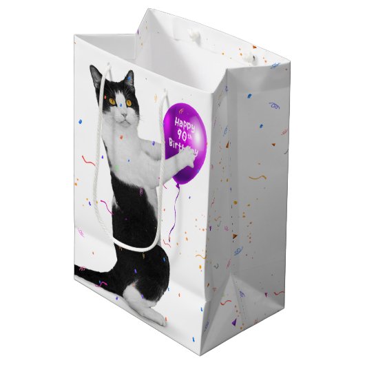 Kat met 90th Birthday ballon Middelgrote Gift Bag Medium Cadeauzakje (Voorkant Gekanteld)