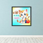 Kat met Apple-85242 Canvas Afdruk (Insitu (Houten vloer))