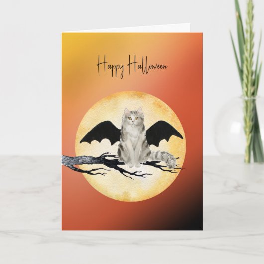 Kat met Batwings Halloween Kaart uit de kat (Voorkant)