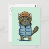 Kat met Beanie en Down Vest Waterverf Briefkaart (Voorkant / Achterkant)