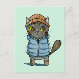 Kat met Beanie en Down Vest Waterverf Briefkaart