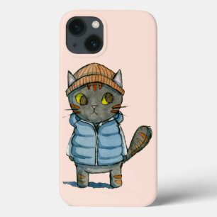 Kat met Beanie en Down Vest Waterverf iPhone 13 Hoesje
