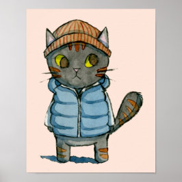 Kat met Beanie en Down Vest Waterverf Poster