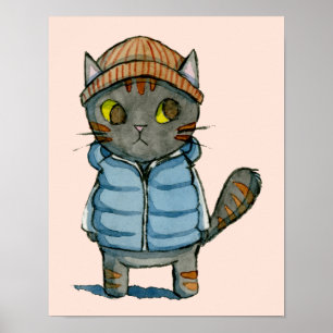 Kat met Beanie en Down Vest Waterverf Poster