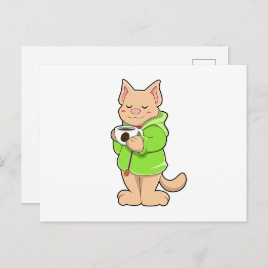 Kat met beker van koffie en pyjama briefkaart (Voorkant / Achterkant)