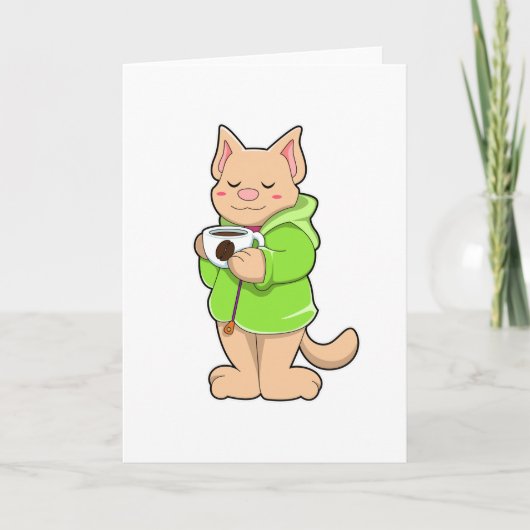 Kat met beker van koffie en pyjama kaart (Voorkant)