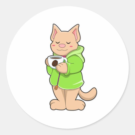 Kat met beker van koffie en pyjama ronde sticker (Voorkant)