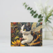 Kat met bijen en bloemen briefkaart (Staand voorkant)
