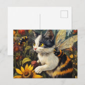 Kat met bijen en bloemen briefkaart (Voorkant / Achterkant)
