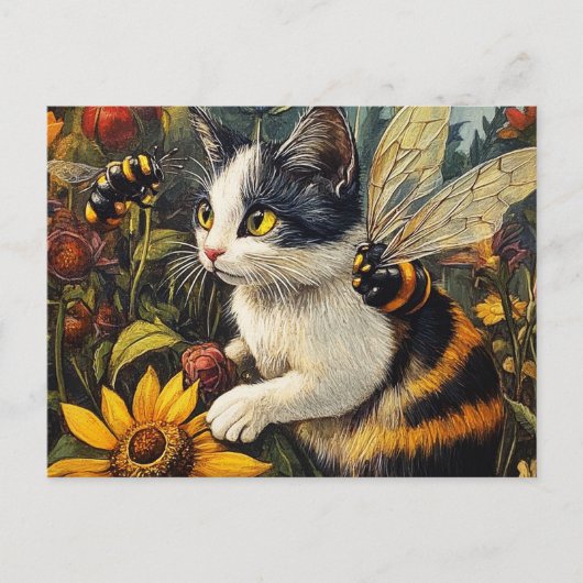 Kat met bijen en bloemen briefkaart (Voorkant)
