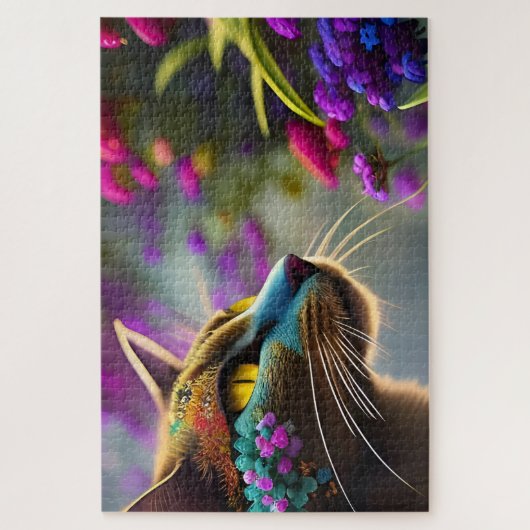Kat met blauwe bloem, Fantasy Legpuzzel (Verticaal)