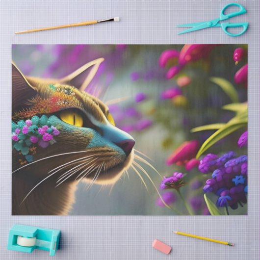 Kat met blauwe bloem, Fantasy Tissuepapier (Craft)