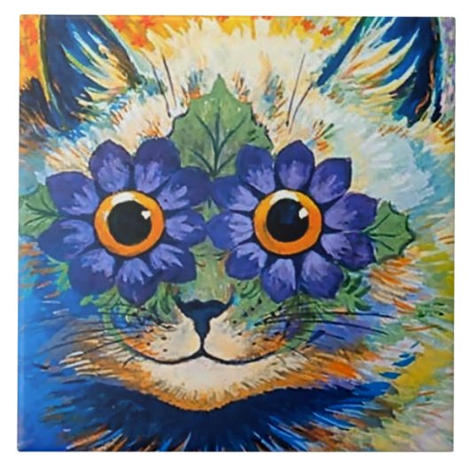 “Kat Met Blauwe Bloemblaadjes” door Louis Wain Tegeltje (Voorkant)