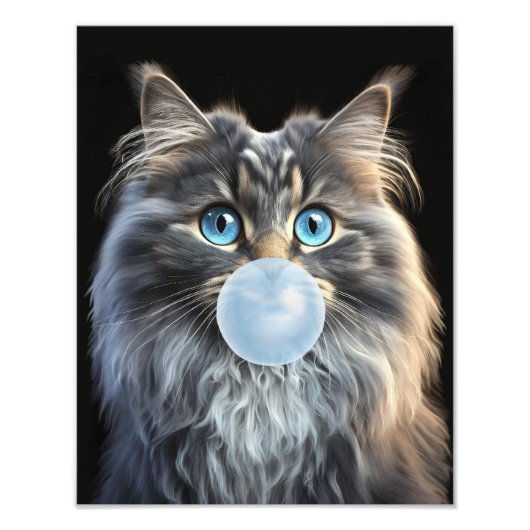 Kat met blauwe ogen blazen een blauwe kauwgom foto afdruk (Voorkant)