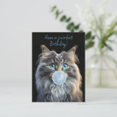 Kat met blauwe ogen die een blauwe kauwgomblaas ma briefkaart (Staand voorkant)