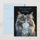 Kat met blauwe ogen die een blauwe kauwgomblaas ma briefkaart (Voorkant / Achterkant)