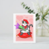 kat met bloem briefkaart (Staand voorkant)