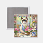 Kat met bloem Happy Birthday teken Magneet (Voorkant / Achterkant)