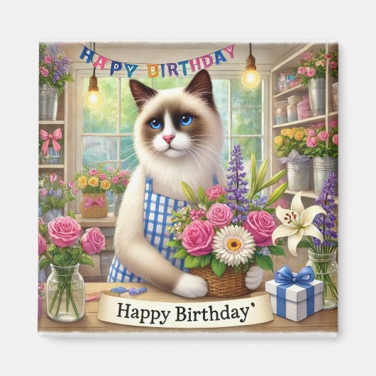 Kat met bloem Happy Birthday teken Magneet (Voorkant)