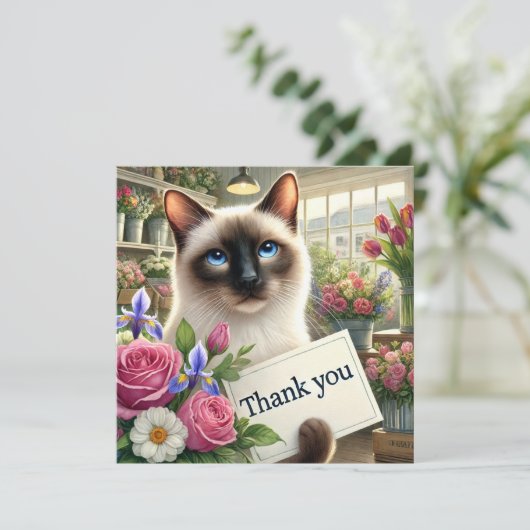 Kat met bloem met bedankkaartje (Staand voorkant)