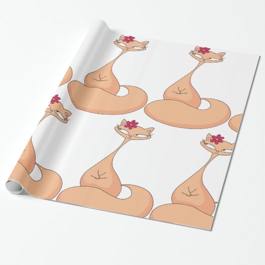 Kat met bloem Schattige Kawaii Kat Cadeaupapier (Uitgerold)