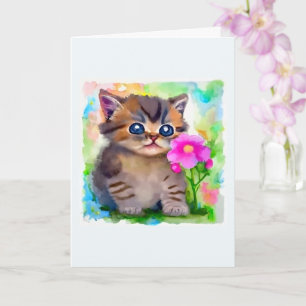 Kat met Bloem Watercolor Kaart