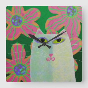 Kat met bloemen Abstracte kunstvierkant wandklok