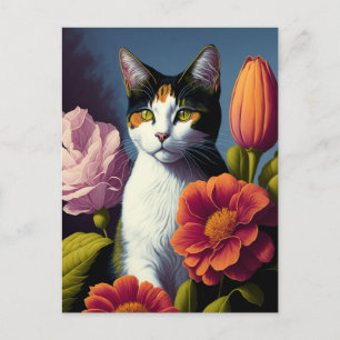 kat met bloemen briefkaart