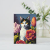 kat met bloemen briefkaart (Staand voorkant)