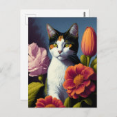 kat met bloemen briefkaart (Voorkant / Achterkant)