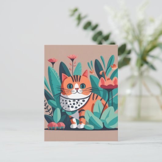 Kat met bloemen briefkaart (Staand voorkant)