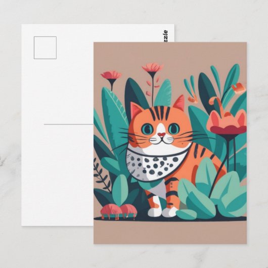 Kat met bloemen briefkaart (Voorkant / Achterkant)