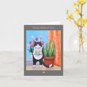 Kat met bloemen en koffie Schattige Kat Moederdag Kaart (Gele Bloem)